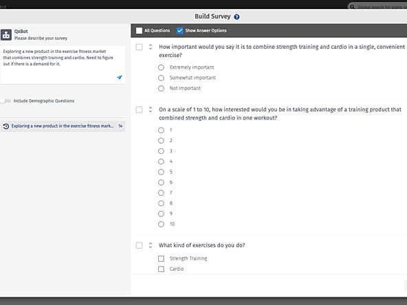 Screengrab of QuestionPro's generative AI tool, showing example questions within a survey